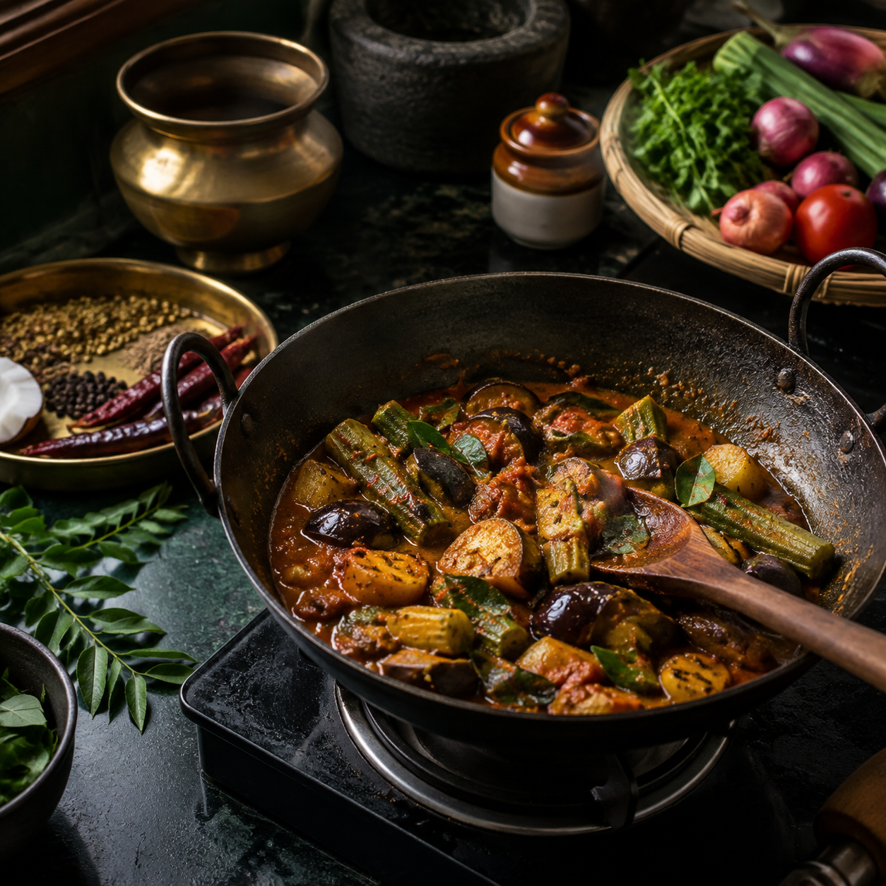 A black cooking pan on a stove filled with a vegetable curry or stew with okra, eggplant, and potatoes.