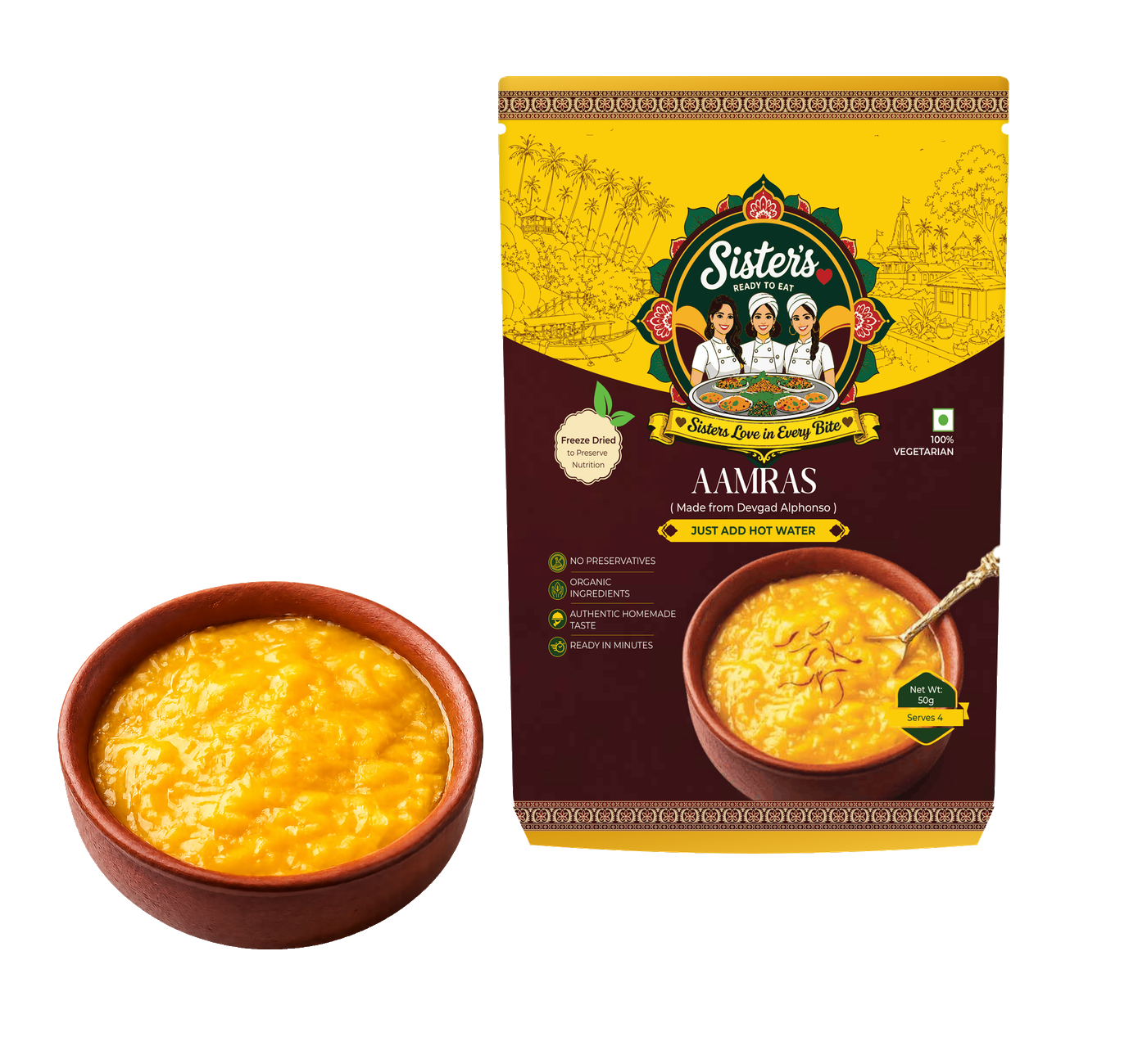 SistersLove Aamras pouch displayed beside a bowl of golden mango pulp.