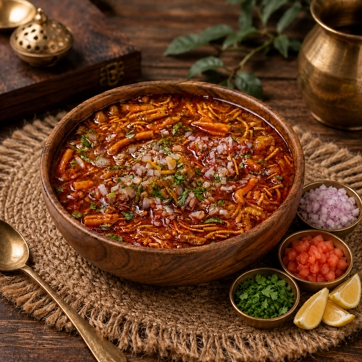 A bowl of spicy instant ramen soup with chopped onions, cilantro, and vegetables, surrounded by small bowls of diced onions, diced tomatoes, and chopped cilantro, with lemon wedges on a woven placemat and antique gold spoon on a rustic wooden table.