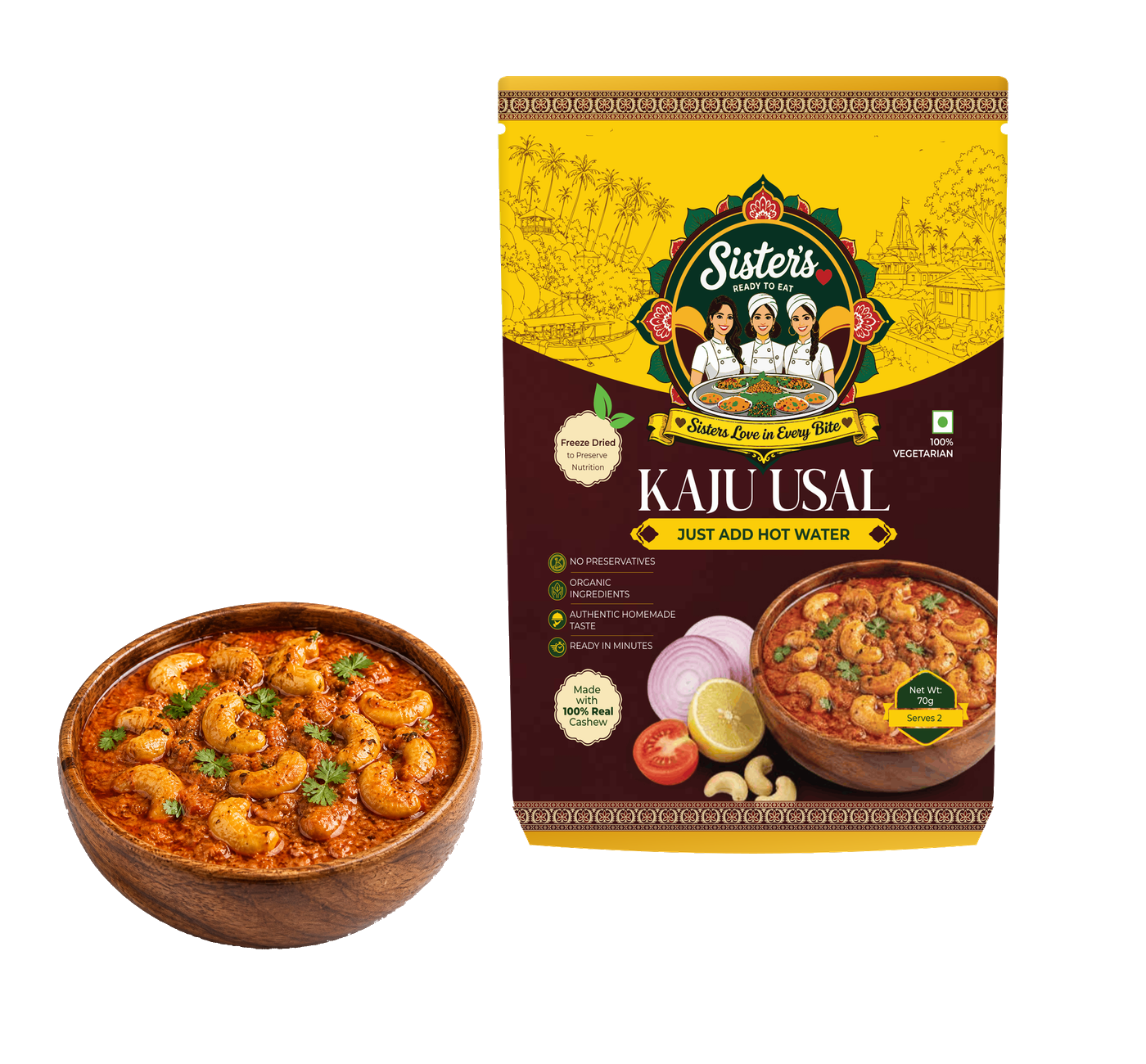 SistersLove Kaju Curry pouch beside a bowl of rich cashew curry.