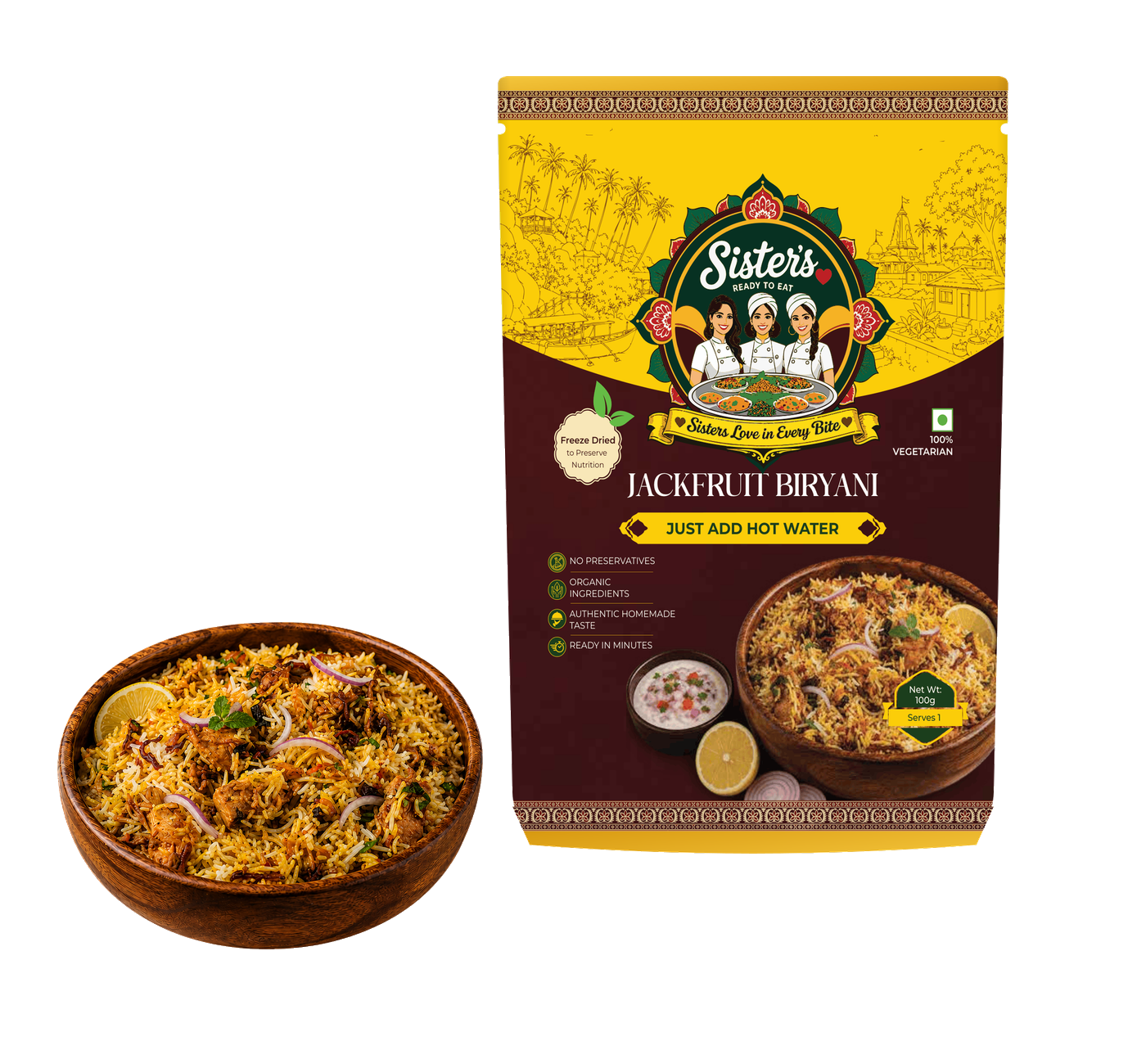 SistersLove Jackfruit Biryani pouch beside a bowl of jackfruit biryani.