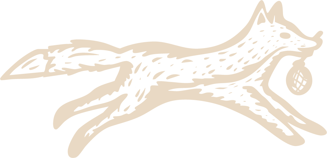 Illustration of a fox in black and beige with a bindle sack in its mouth.