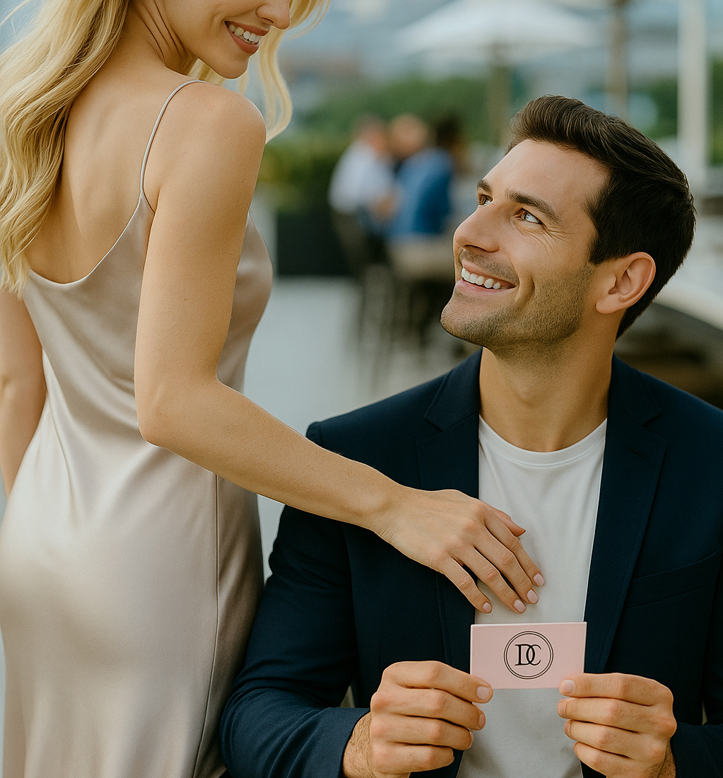 A man in a navy blazer holding a pink card with a logo, smiling up at a woman in a silky beige dress, in an outdoor social area