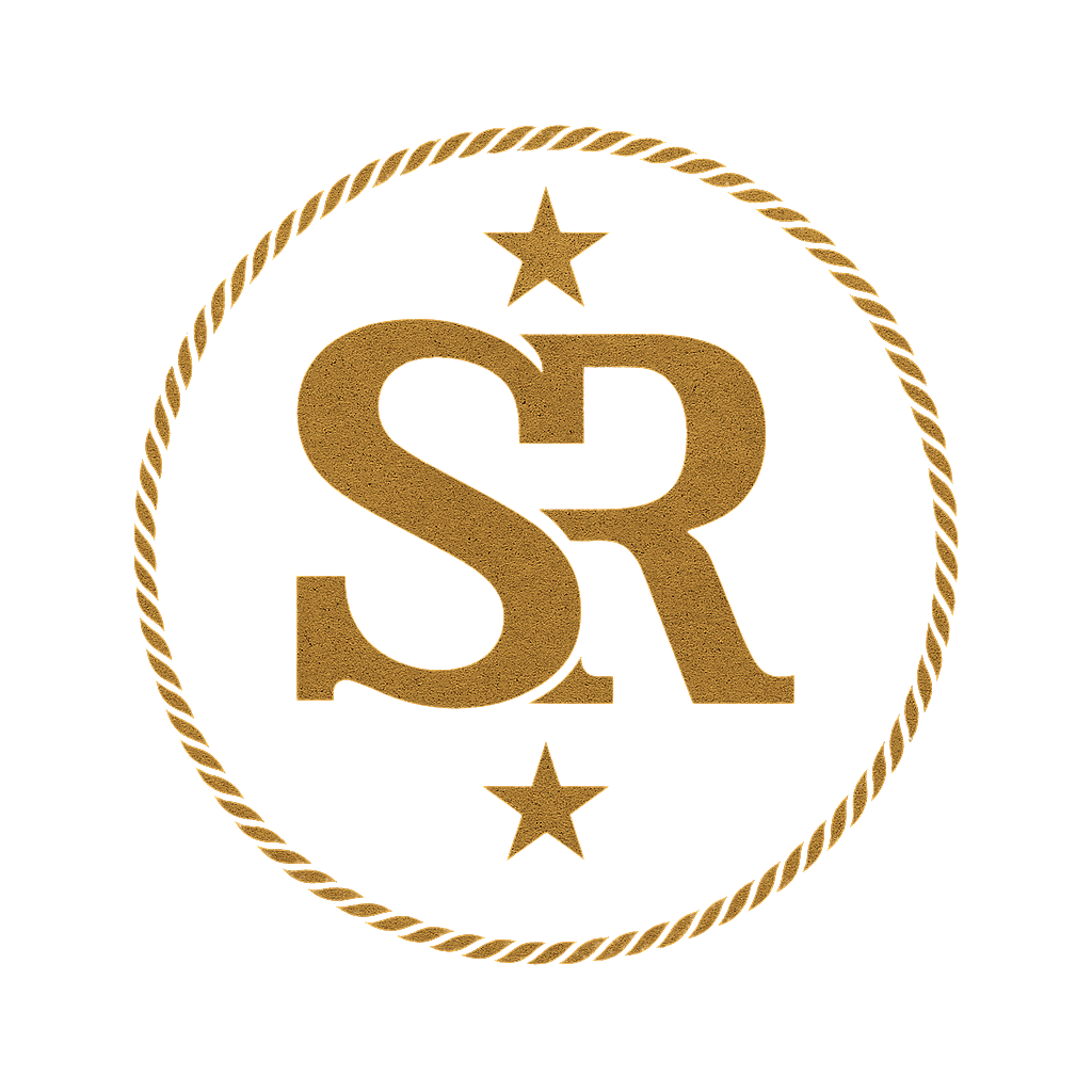 Gold and black logo with the letters 'SR' inside a circle of rope, two stars above and below.