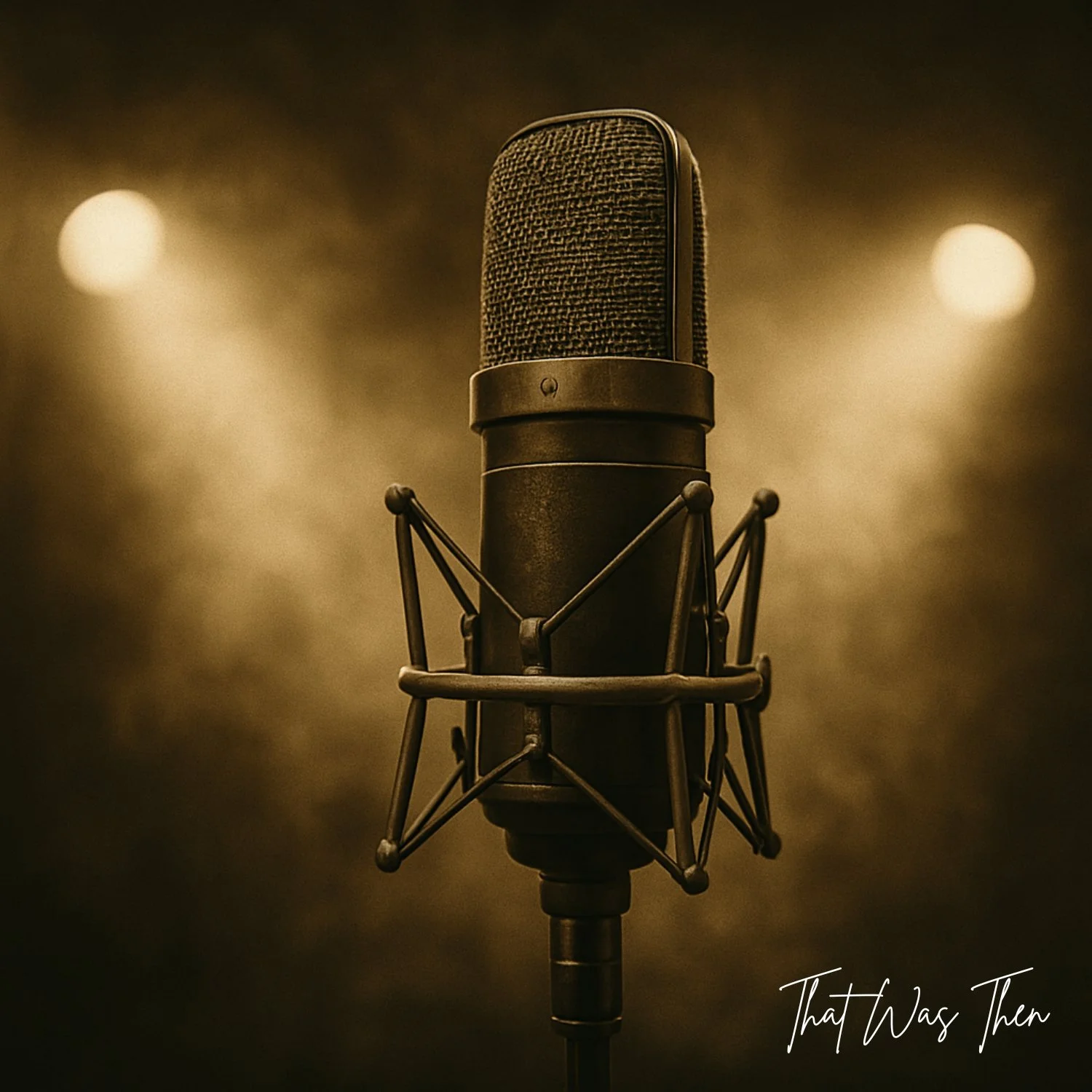 A vintage studio microphone on a stand in a recording setting with warm lighting, and the words 'That Was Then' in the bottom right corner.
