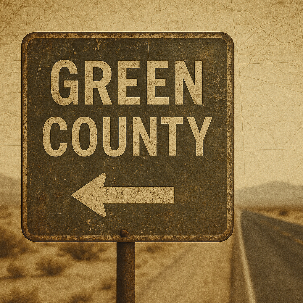 A weathered road sign indicating Green County with a left arrow, placed in a desert landscape with a long empty road.