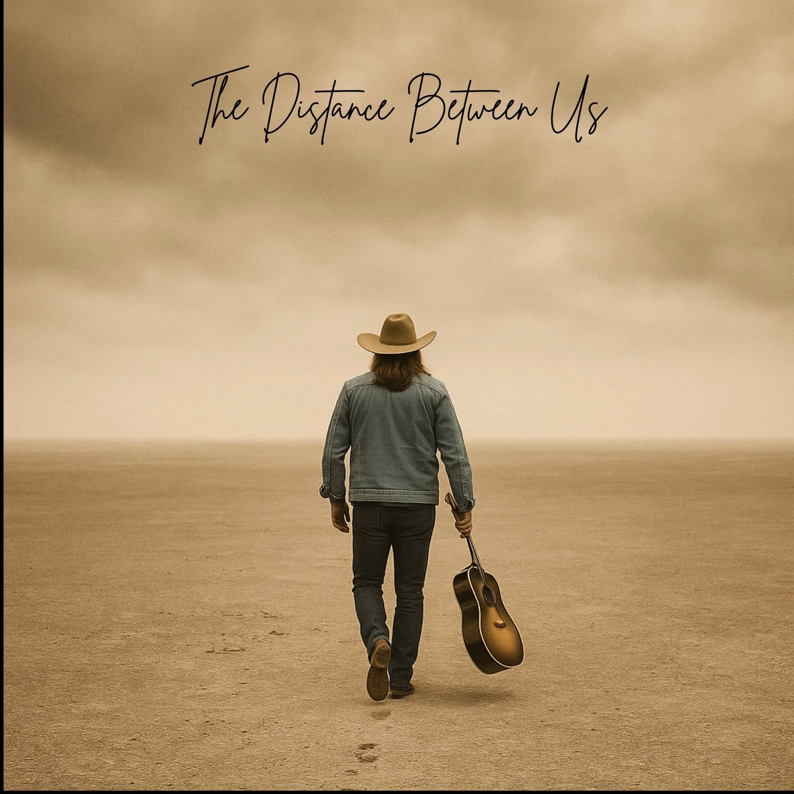 A person with their back facing the camera, holding a guitar, walking on a barren desert landscape under a cloudy sky, with the words 'The Distance Between Us' written overhead.