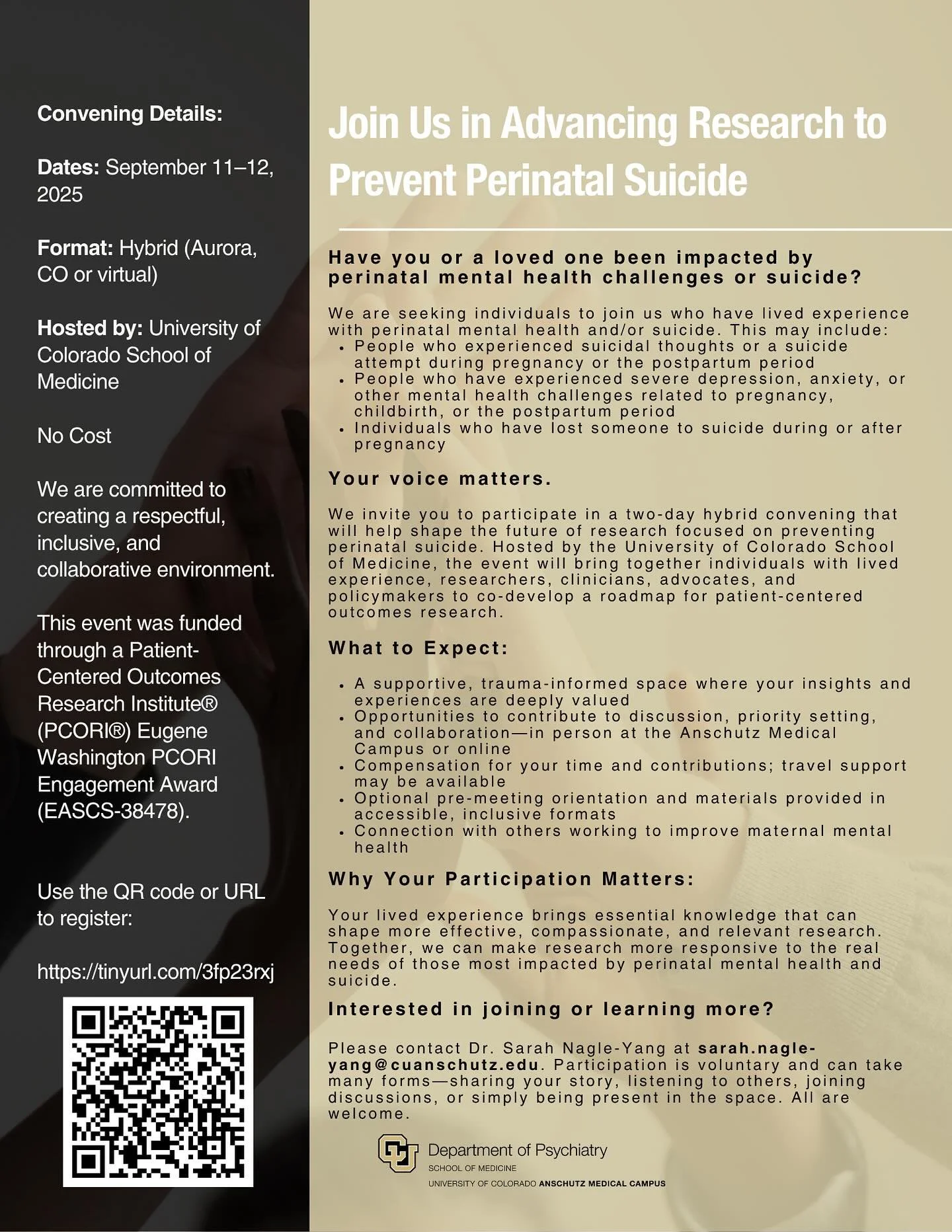 Here's a great opportunity for those with lived experience with postpartum mood and anxiety disorders to contribute their expertise to help shape research focused on preventing perinatal suicide! #communityengagedresearch #postpartummentalhealth