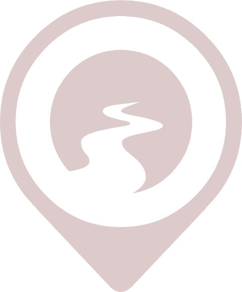 Map pin icon with a winding river silhouette inside.