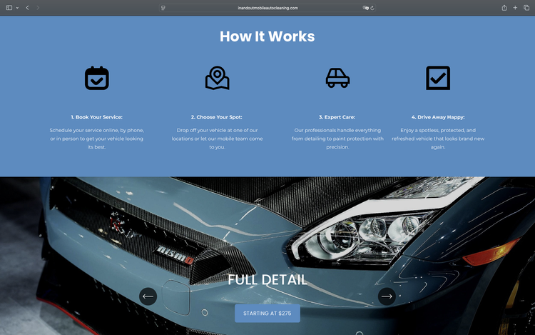 In and Out Mobile Auto Cleaning website showing its detailing process
