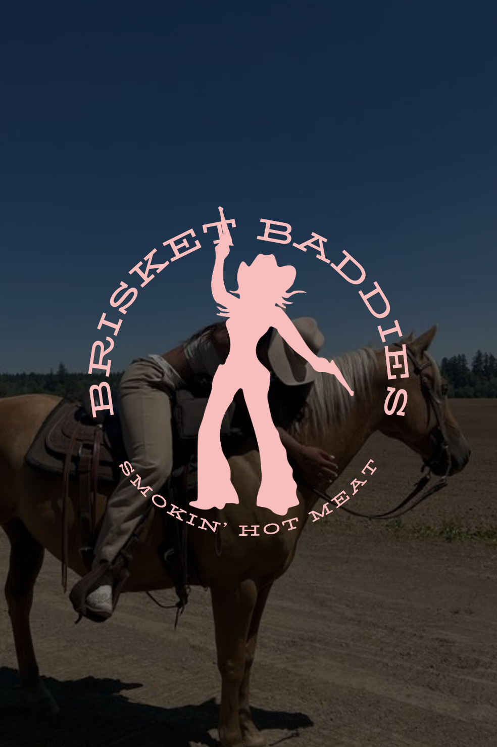 Logo for 'PERSISTENT BADIES' featuring a pink silhouette of a woman with a cowboy hat, holding a gun, riding a horse on a dirt field under a dark sky. Text circle reads 'PERSISTENT BADIES' and 'Y'ALL KIN' HOT MEAT'.