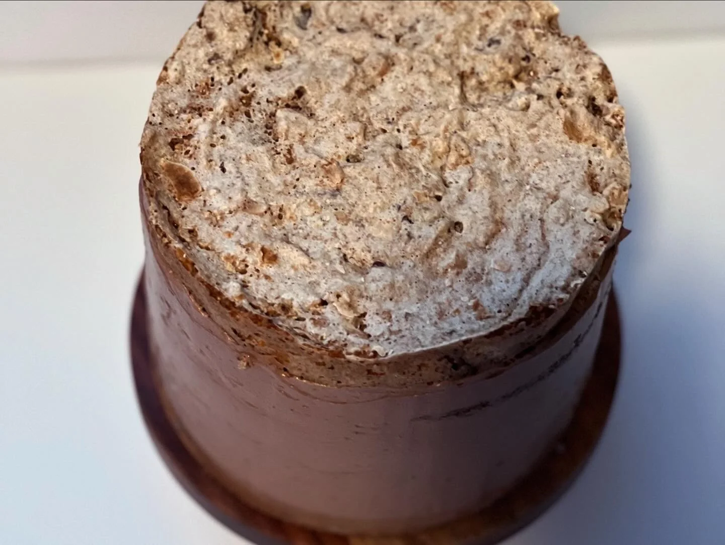 Close-up of a textured, round, tower-like object with a sandy surface, possibly a volcanic or mineral formation, set against a plain light background.