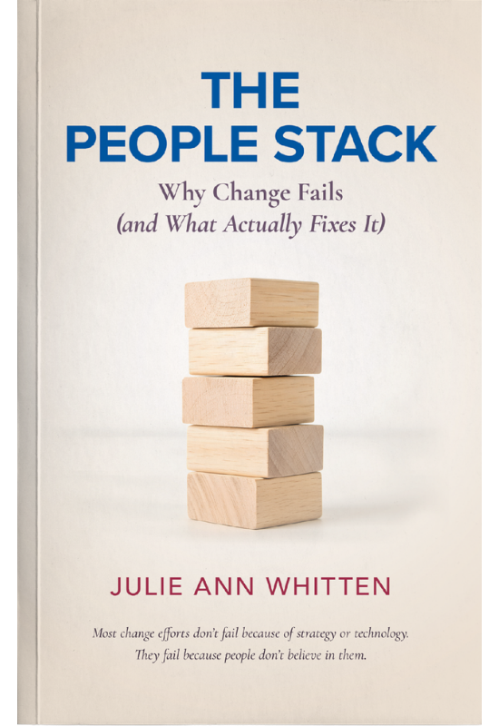 Book cover titled "The People Stack" by Julie Ann Whitten, featuring an image of wooden blocks stacked on top of each other.