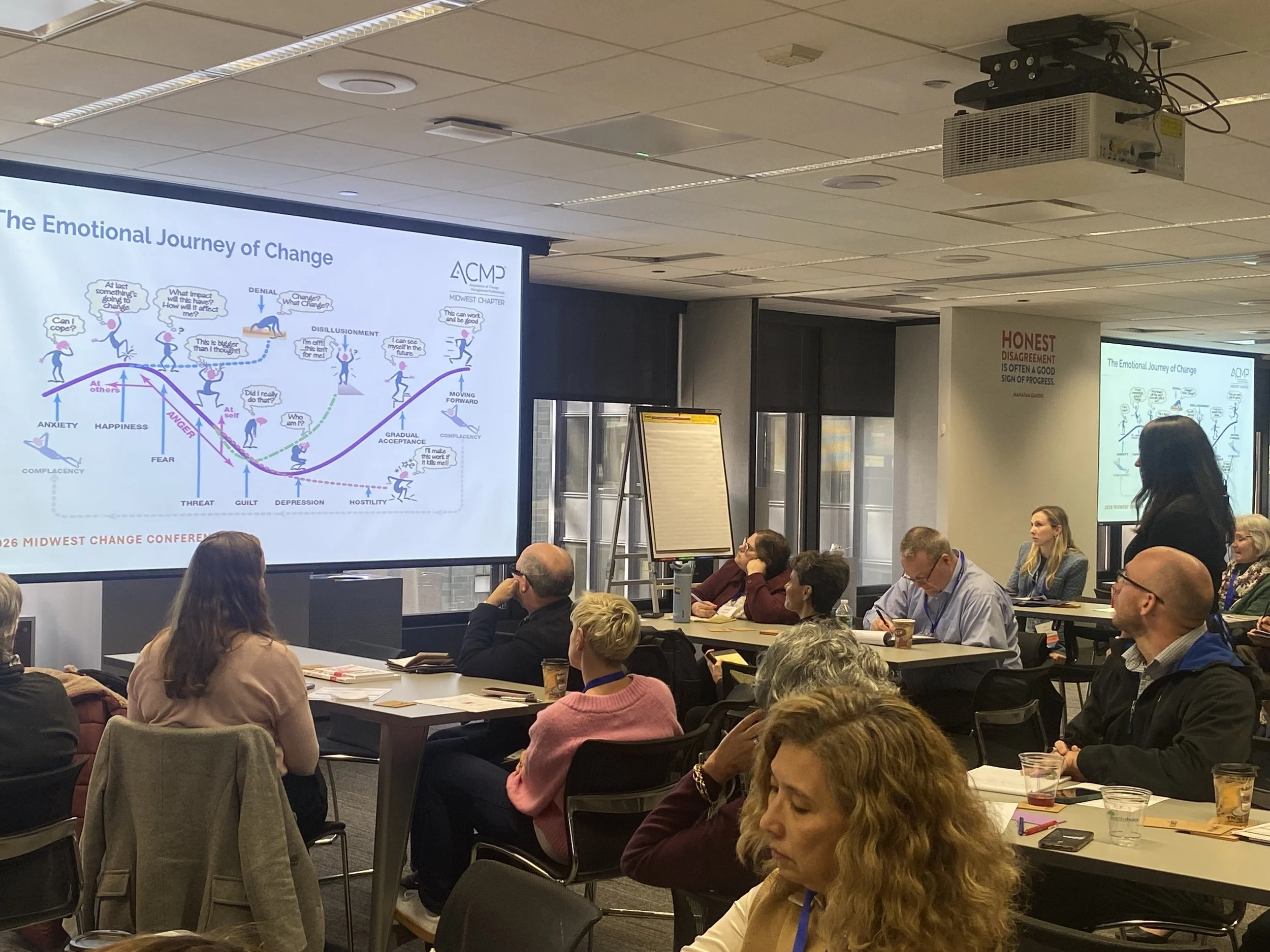 Conference room filled with people sitting at tables, listening to a presentation. A large screen displays a slide titled 'The Emotional Journey of Change' with a colorful chart. The room has ceiling lights and some windows, and the audience appears engaged.