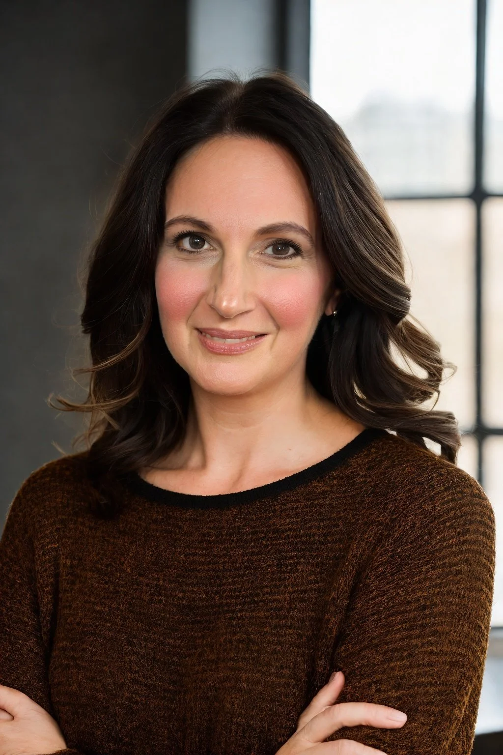 A woman with shoulder-length dark brown hair and light skin, smiling, wearing a brown textured sweater, standing in front of a window in a modern indoor setting.