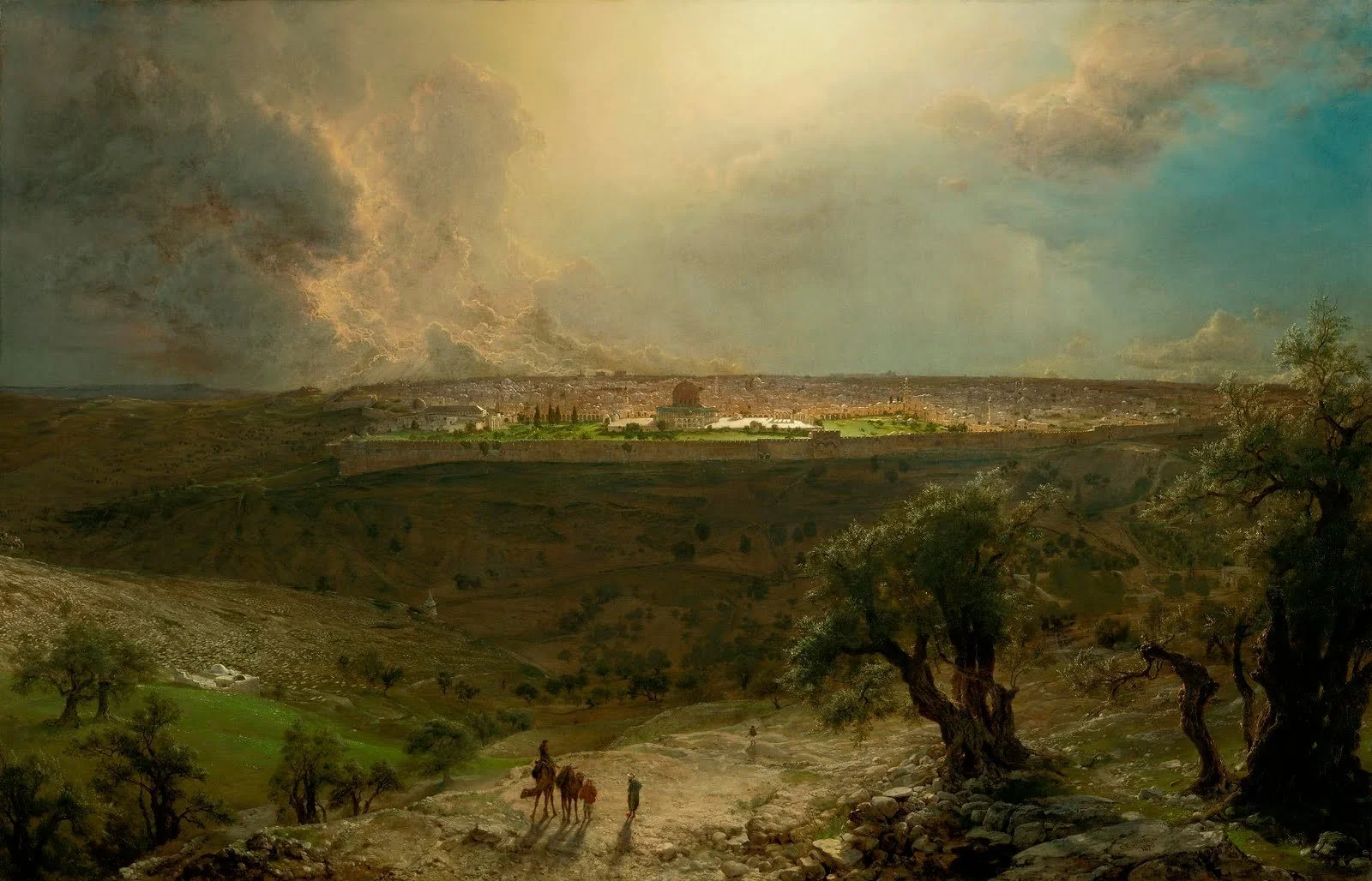 Painting of a landscape with a city in the distance, rolling hills, trees, and a group of people and camels in the foreground.