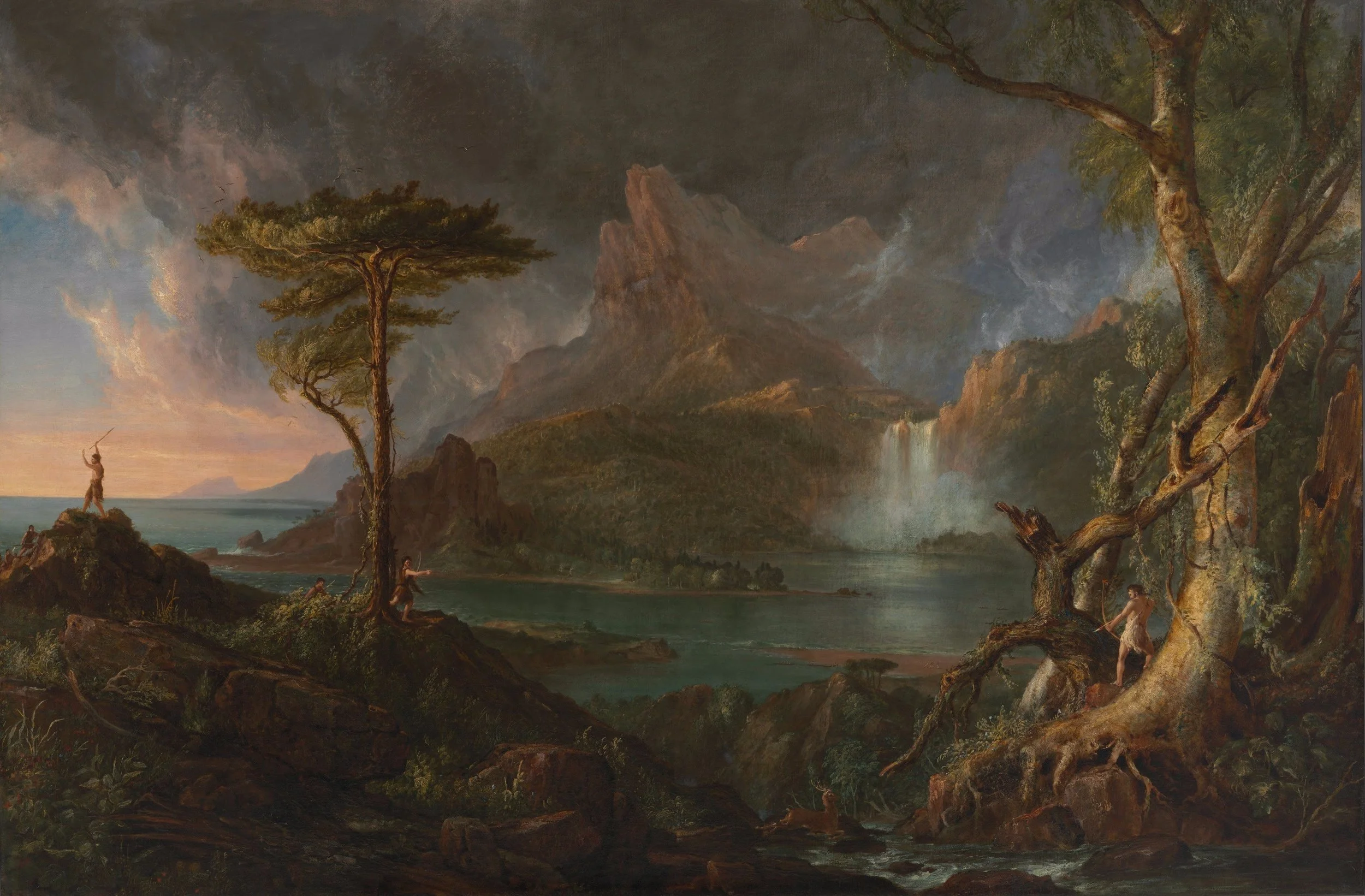 A detailed landscape painting of a rugged coastline with rocky cliffs, tall trees, a river, mountains in the background, and dark stormy clouds overhead. There are a few human figures engaged in activities near the water and on the rocks.