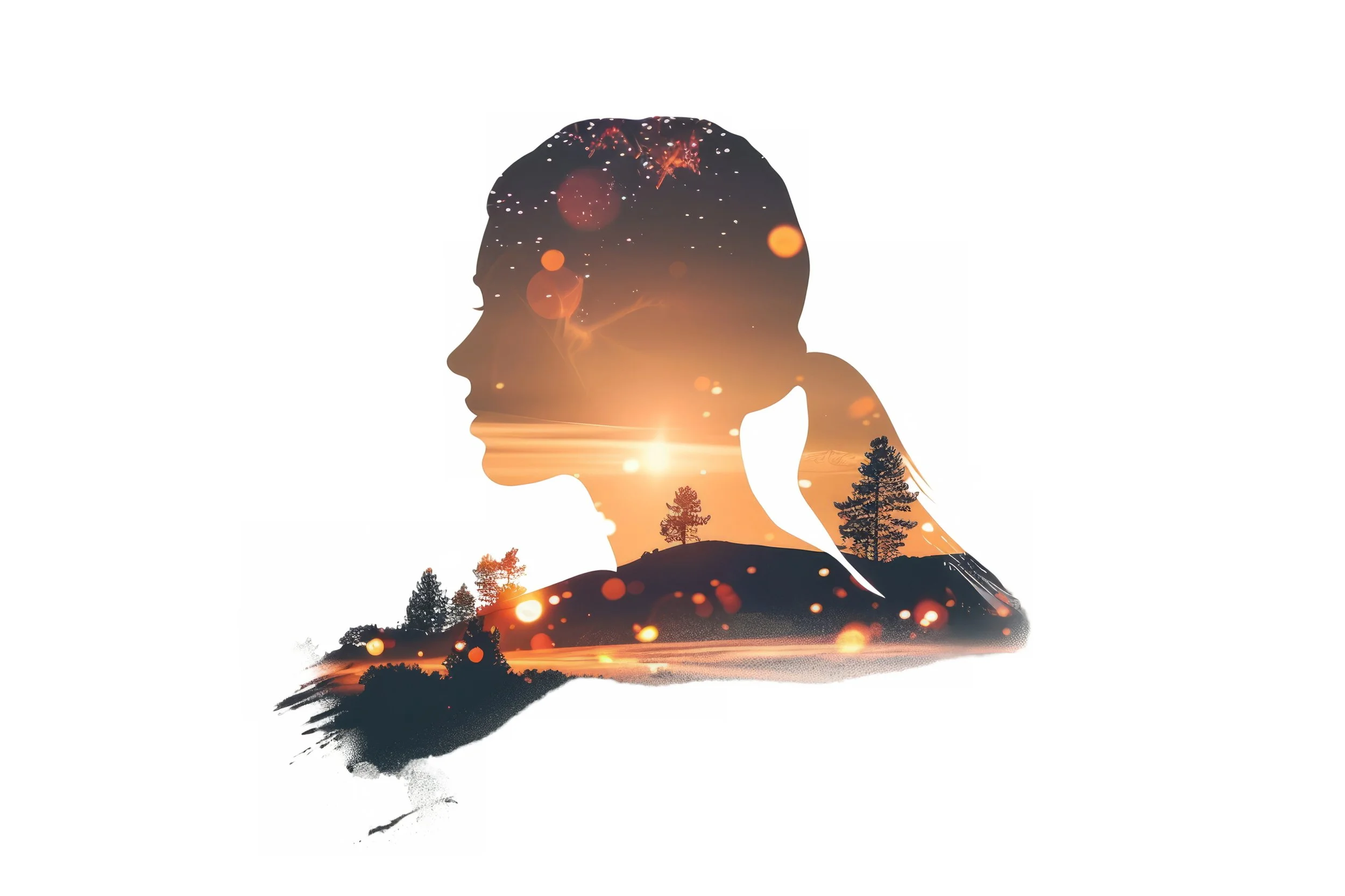 A double exposure image of a woman's silhouette with a landscape of a sunset over trees and a lake, featuring bokeh lights and sparkles.