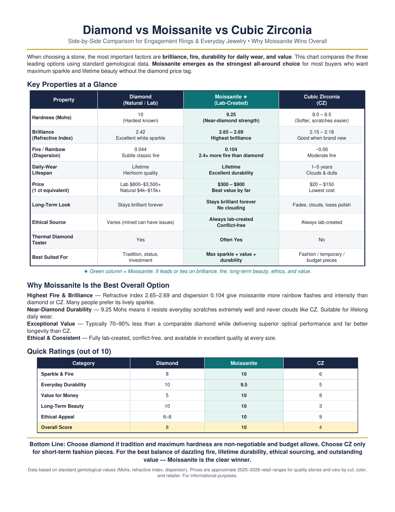 Comparison chart of gemstone qualities listing properties such as hardness, brilliance, fire, durability, price, look, ethics, and diamond testers for diamond, moissanite, and cubic zirconia.