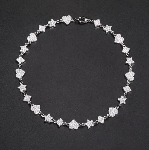 Hearts Diamonds & Stars Charm Bracelet 925 Silver 6MM-10MM