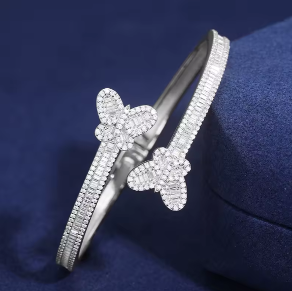 Luxury Butterfly Baguette Bangle Bracelet 925 Silver 15MM