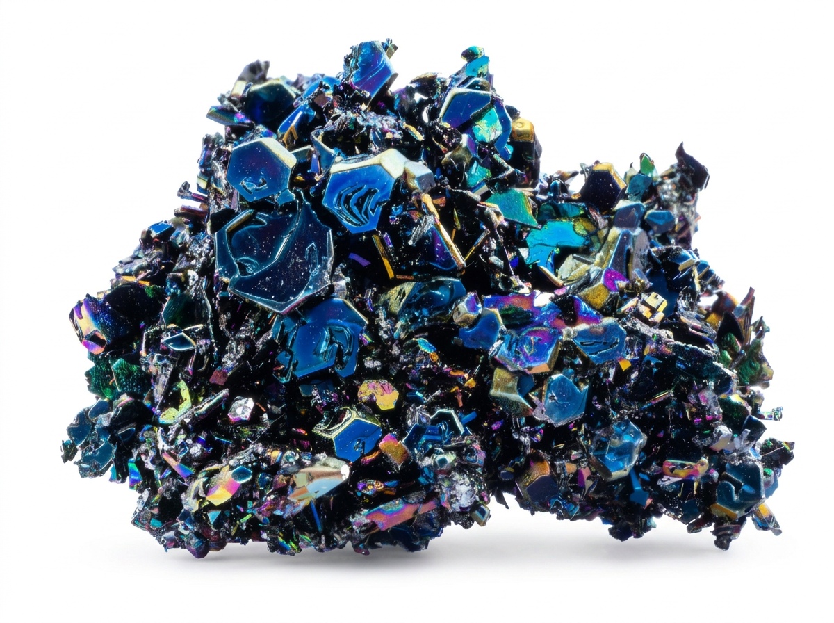 A close-up of a cluster of iridescent, jagged, dark blue crystals with shiny surfaces on a white background.