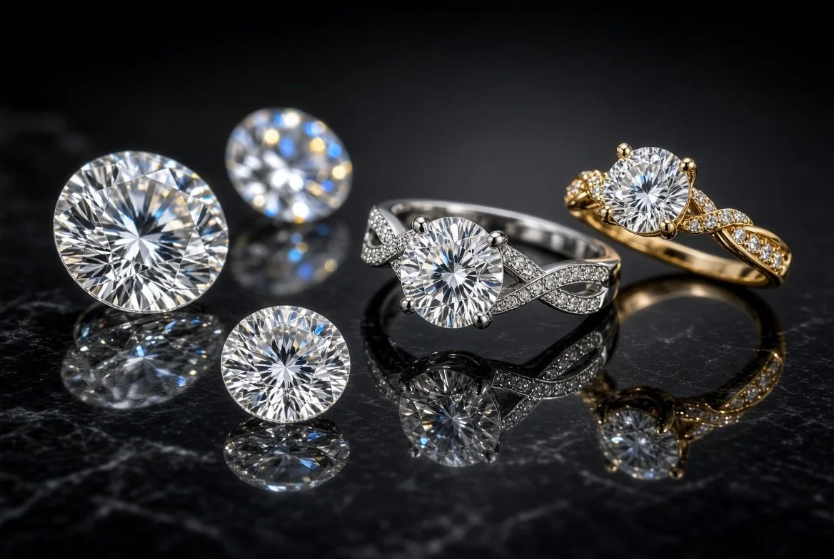 Diamond jewelry set including earrings, rings, with some in silver and gold, displayed on a reflective black surface.