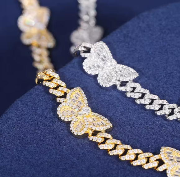 Luxury Baguette Butterfly Cuban Link Bracelet 925 Silver 6MM