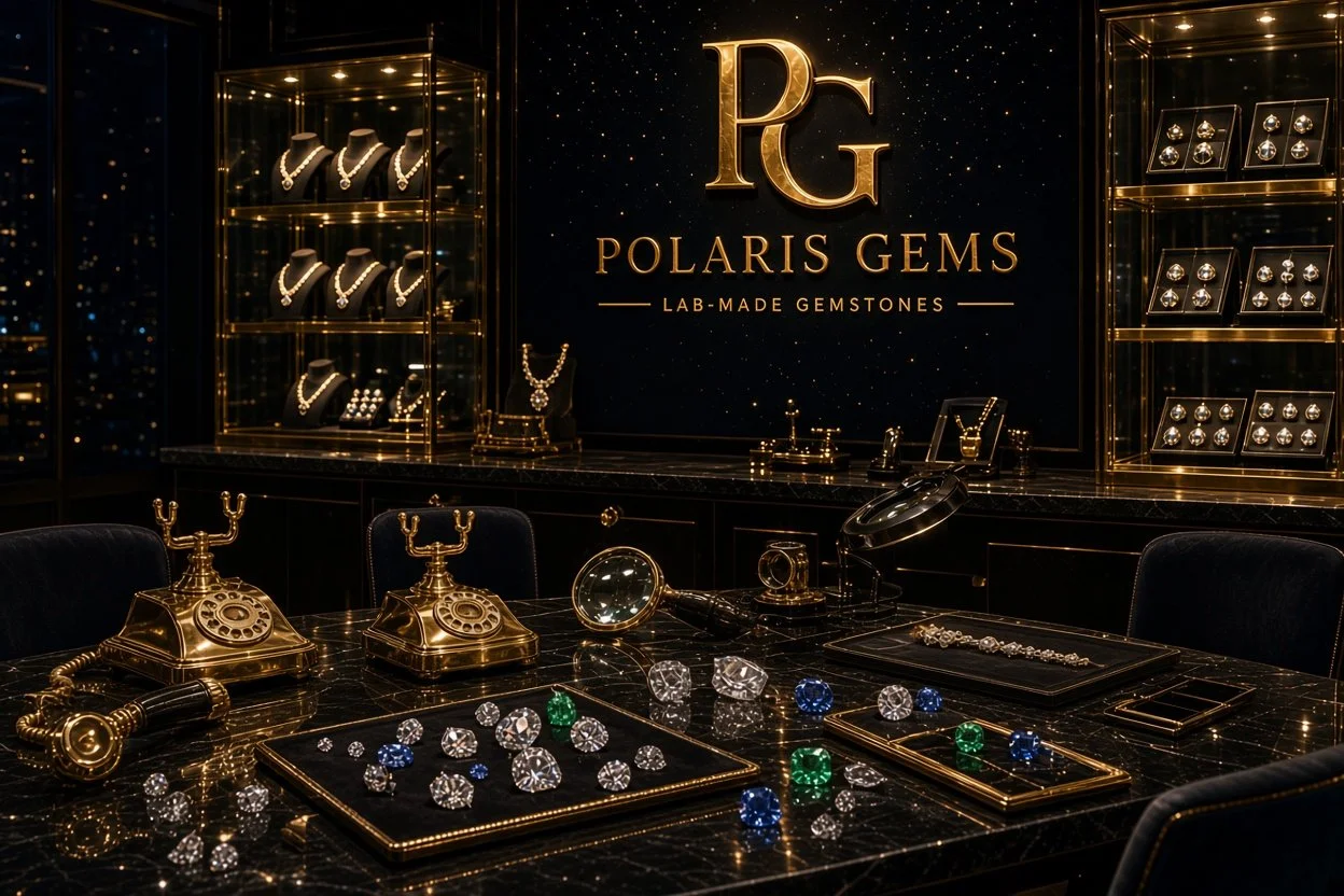 Luxurious jewelry display in a Polaris Gems store with diamond rings and necklaces, gold vintage telephones, magnifying glass, and a black and gold color theme.