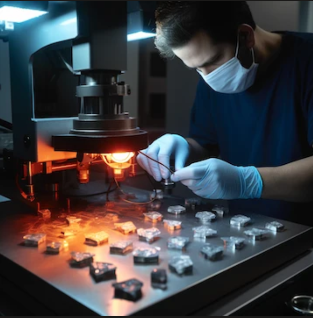 Scientist in a laboratory wearing a face mask and gloves, working with a microscope and small samples on a black surface.