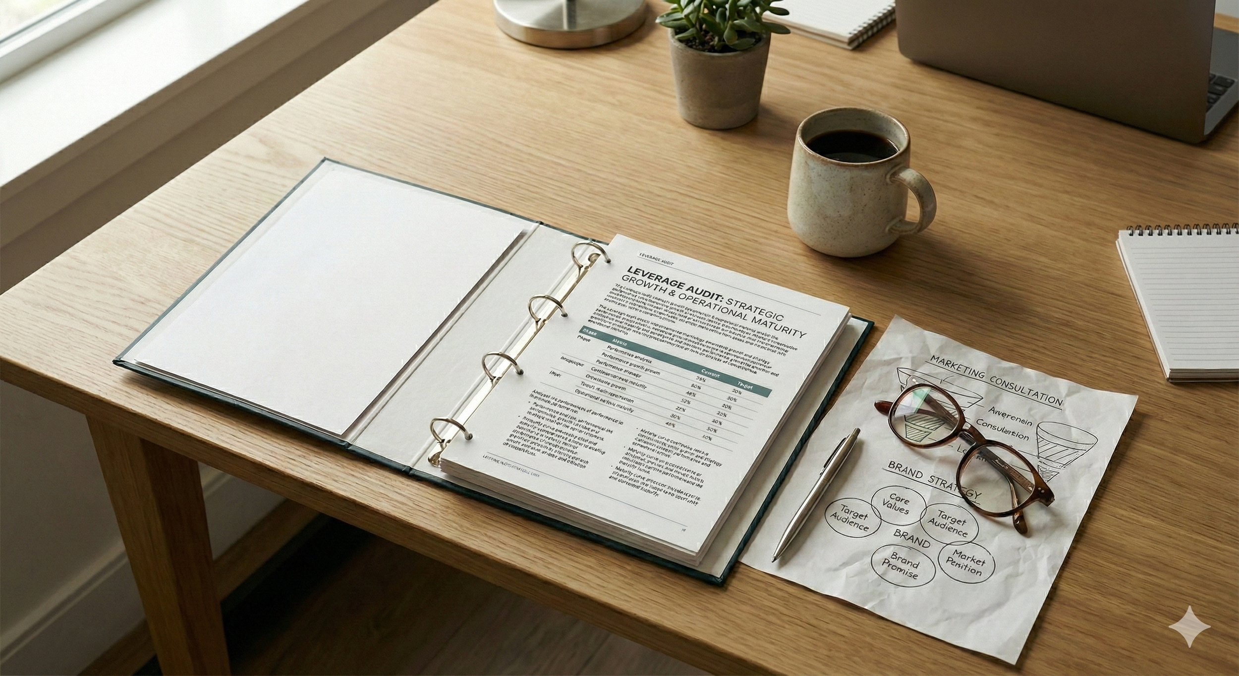 A wooden desk with an open binder, a sheet of paper with handwritten notes, a pen, a cup of coffee, a small potted plant, a closed laptop, and a spiral notebook.