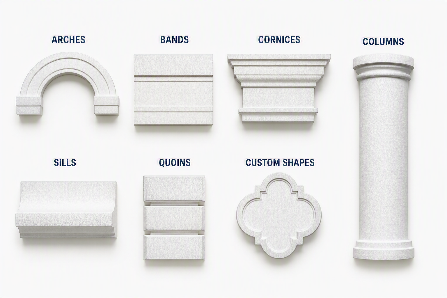 Architectural Foam Products used in EIFS and Stucco building projects. Arches, Bands, Cornices, Columns, Window Sills, Quoins, and Custom Shapes