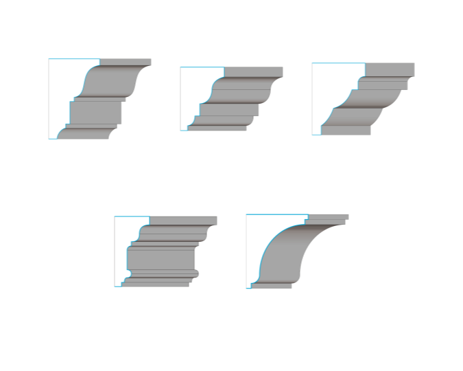 Architectural Foam Cornice Shapes that FoamWorks produces for use in EIFS and Stucco Projects