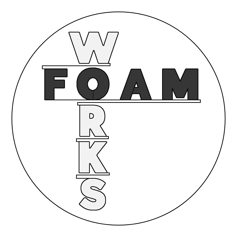 A black and white logo with the words 'FOAM WORKS' arranged vertically and horizontally inside a circle.