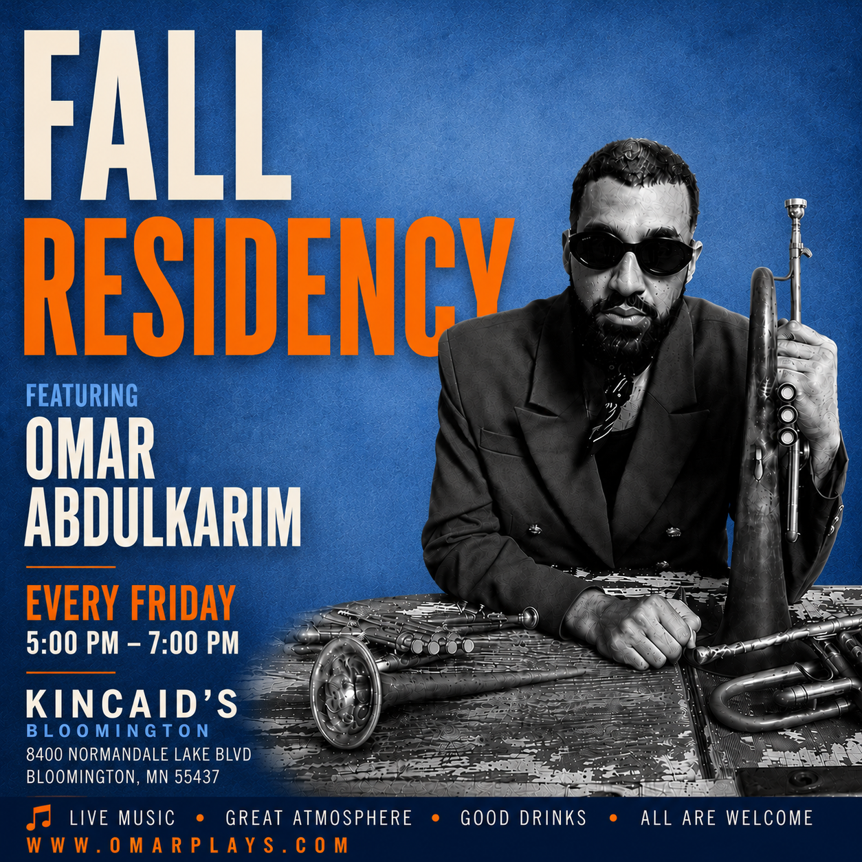 My Fall Residency at Kincaid’s

I’m excited to spend my Friday evenings at Kincaid’s Bloomington this fall!

I’ll be playing every Friday from 5:00 PM to 7:00 PM, and I’d love for you to come hang out with me. Grab some good food, bring a friend, unw