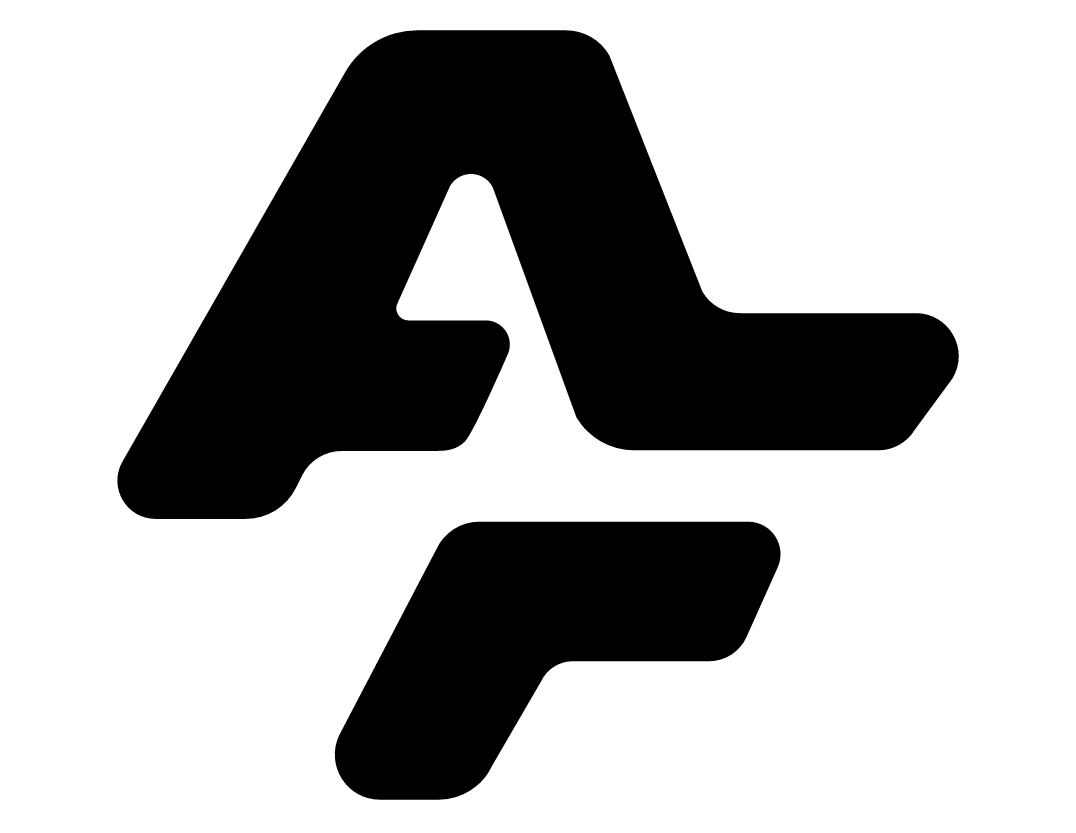 Arnies Fitness logo. Black abstract logo with stylized letter A above the letter F.