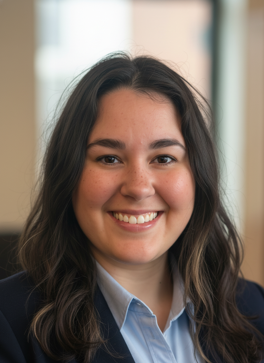 A young woman with long dark hair, smiling, wearing a blue collared shirt and a dark blazer, sitting indoors with blurred background.