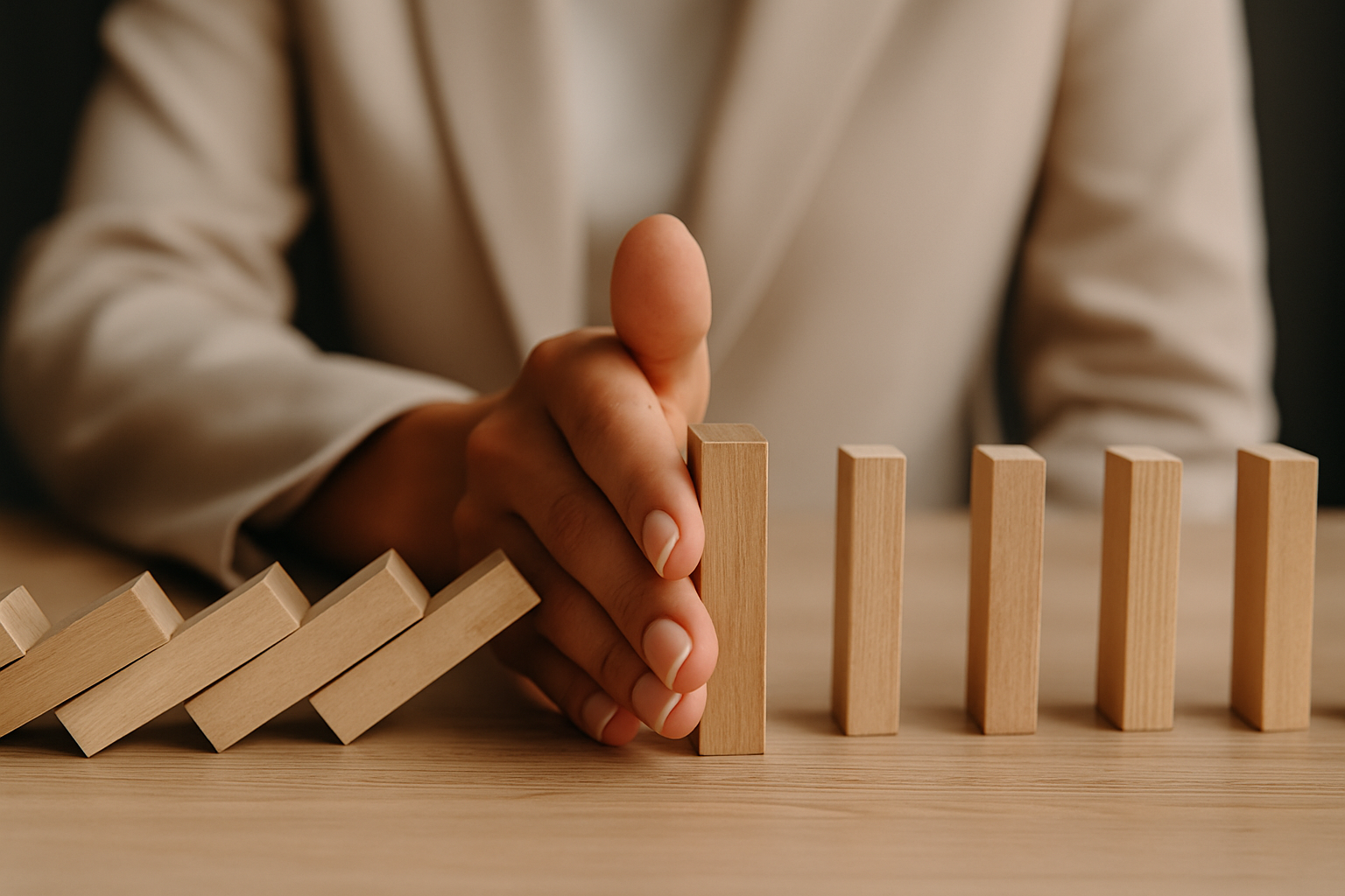 Person in a beige blazer stopping a row of falling wooden dominoes with their hand.