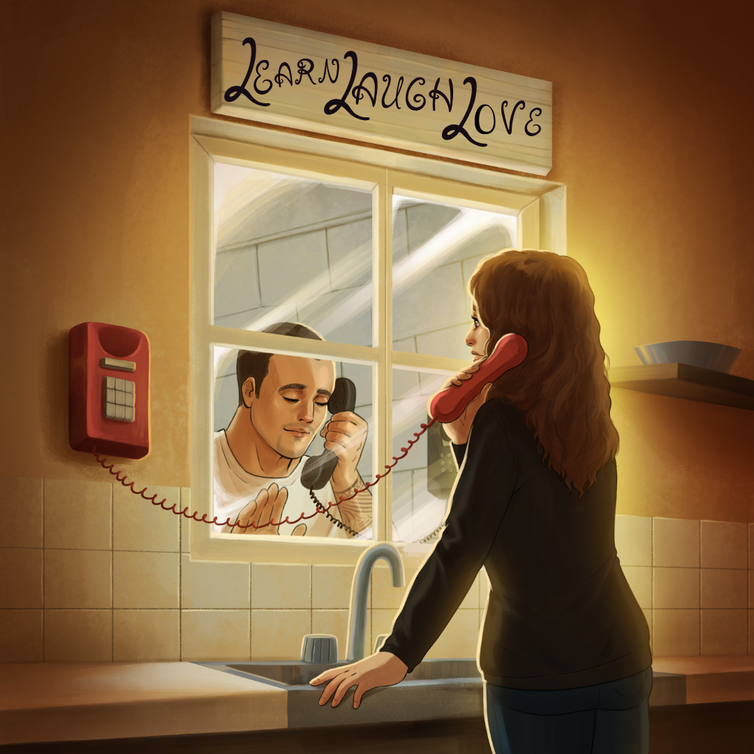A woman is inside her kitchen, talking on the phone to a man who is incarcerated - his image in the kitchen window shows him talking on the phone from prison. A sign hangs above the kitchen window that reads 'Learn Laugh Love'