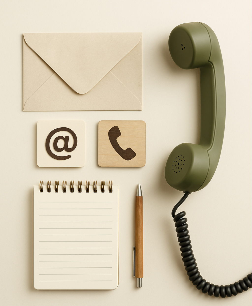 Une image d'objets de bureau : une enveloppe beige, un téléphone fixe vert, un bloc-notes à lignes, un stylo en bois, deux boutons en bois avec des symboles @ et un téléphone, et une fiche en bois.