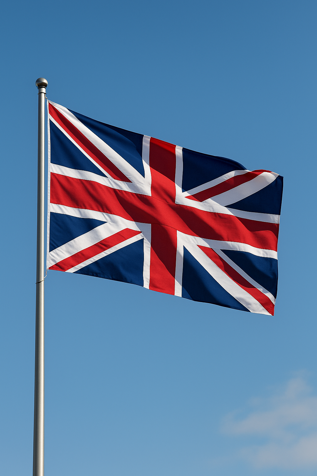 Drapeau du Royaume-Uni flottant au vent contre un ciel bleu clair.
