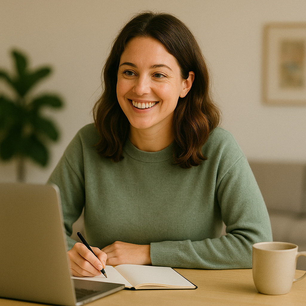 Une femme souriante assise à une table de bureau, avec un ordinateur portable, un carnet et une tasse