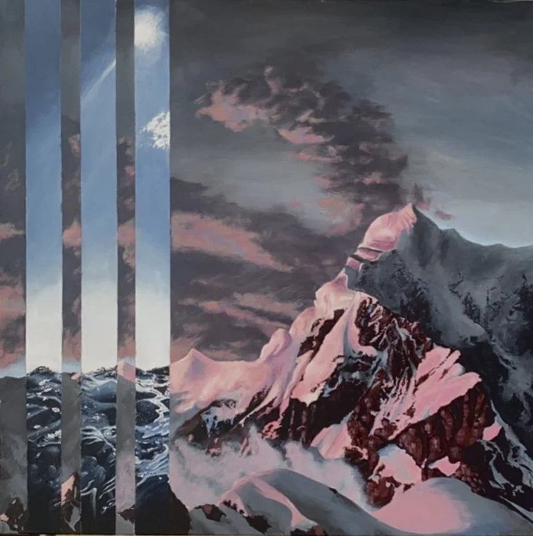 Painting of snow-capped mountains with pink and dark clouds in the sky, featuring four reflective vertical stripes on the left side.