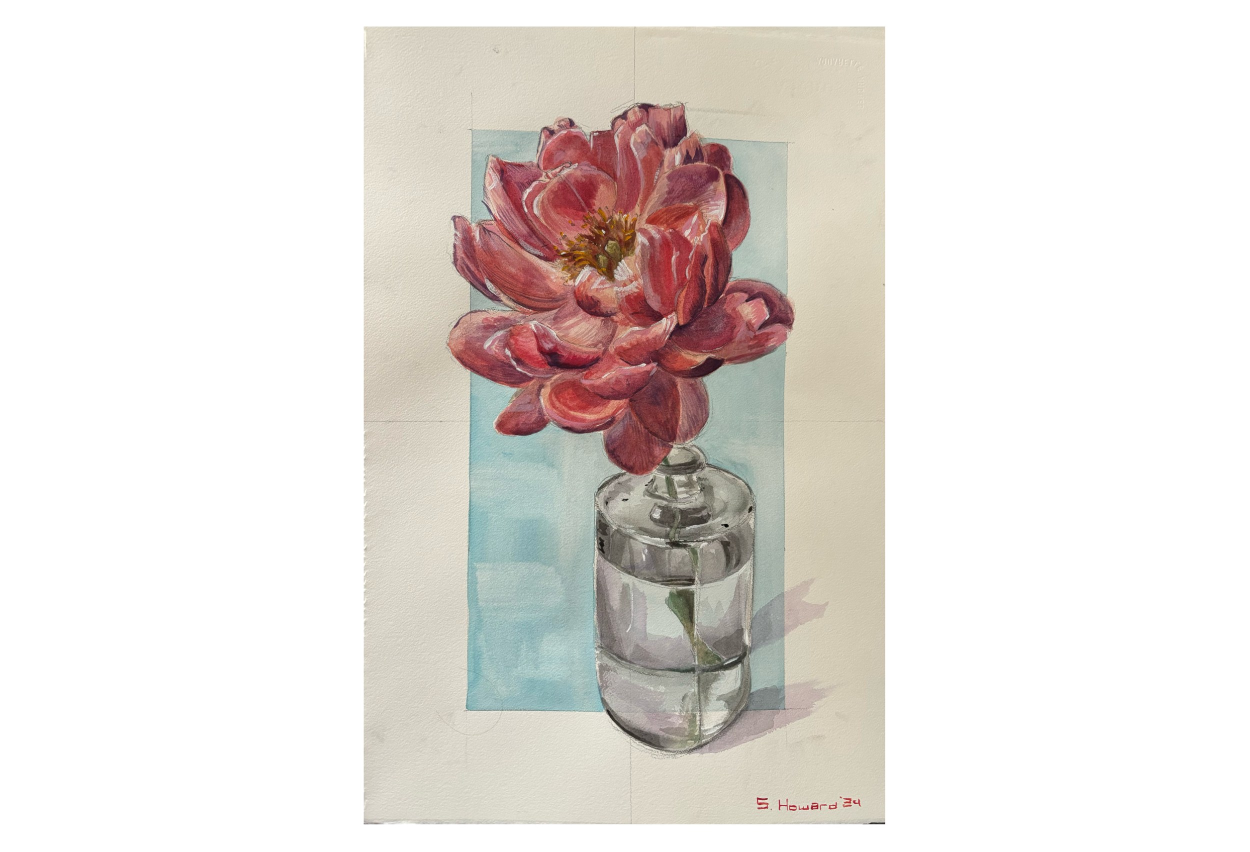 A watercolor painting of a pink flower in a glass vase with water, set against a light blue background.