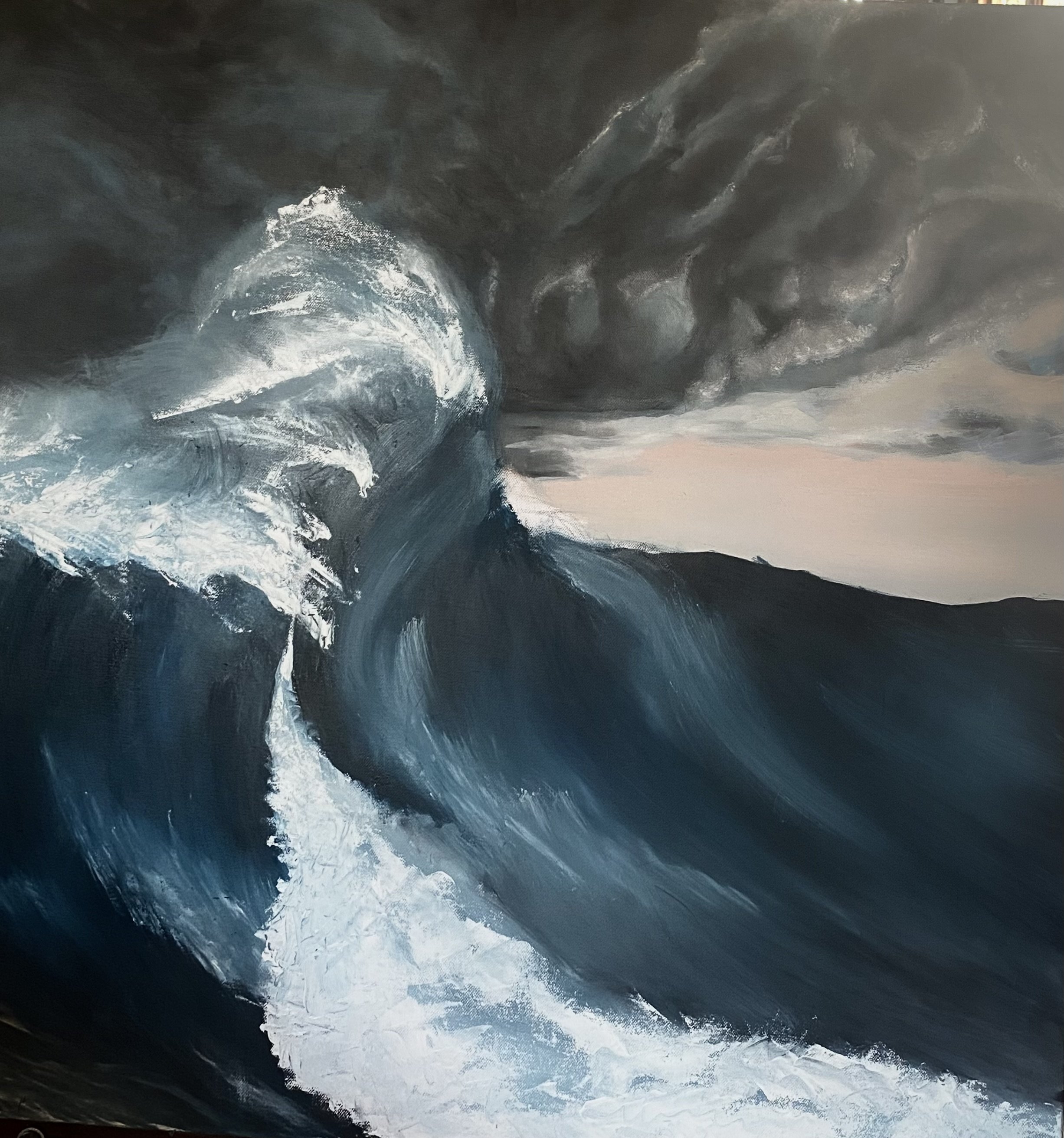 Painting of a large ocean wave with dark stormy clouds in the sky, depicting a turbulent sea scene.