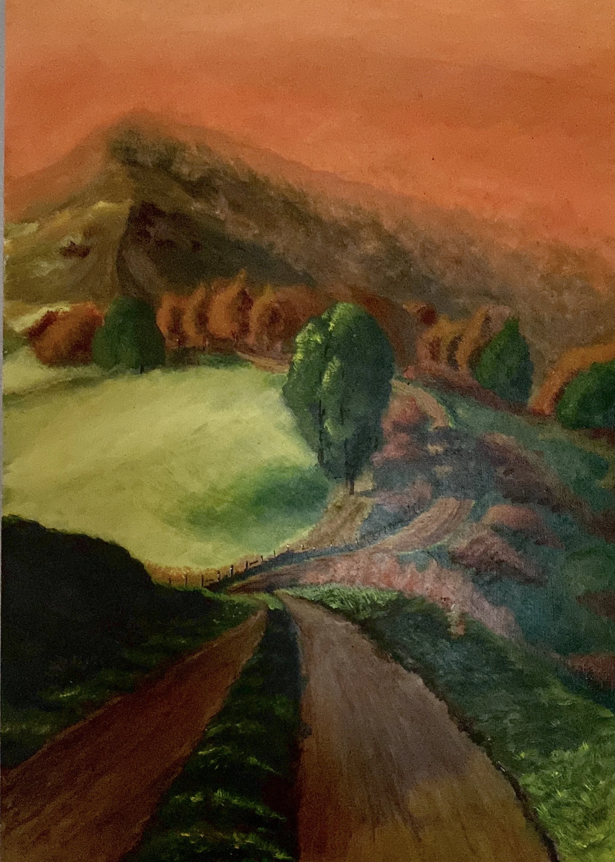 A landscape painting featuring a dirt road leading towards a mountain range with trees and green fields in the foreground and background, under a reddish-orange sky.
