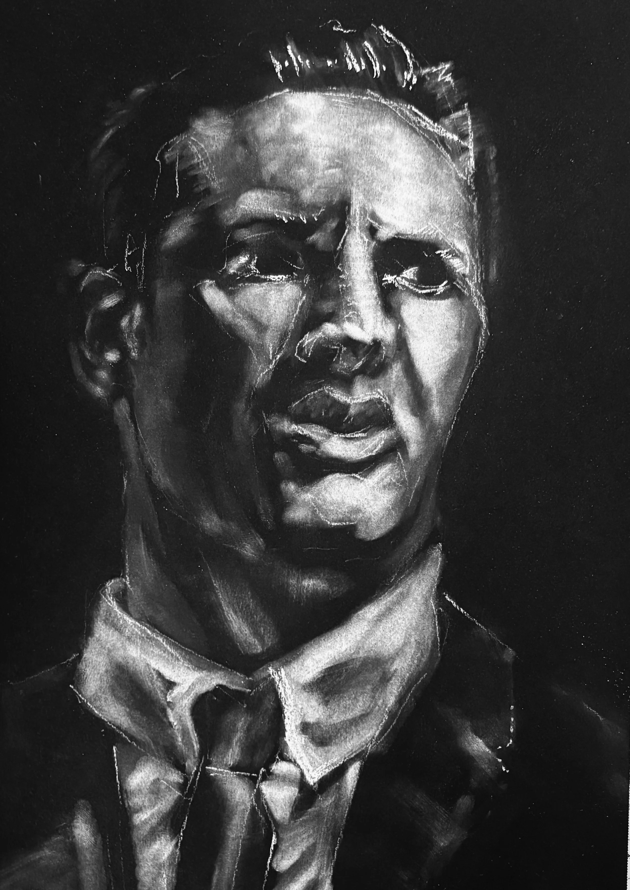 A black and white painting of a distinguished older man with slicked-back hair, wearing glasses and a collared shirt with a tie, depicted with expressive, brushstroke texture.