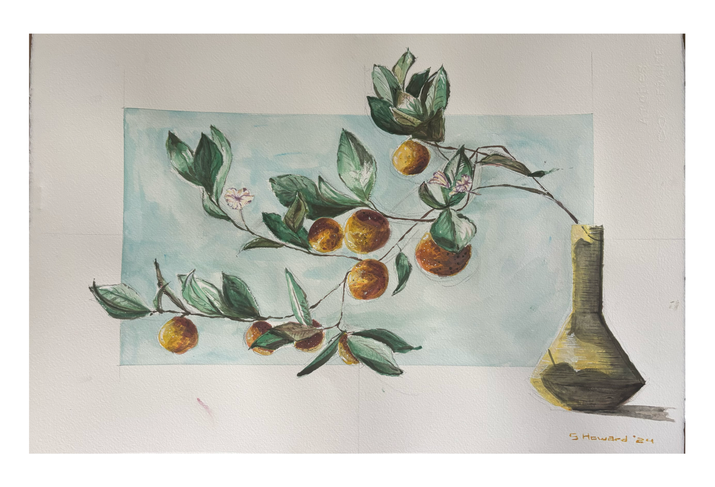 Watercolor painting of a branch with fruit and leaves in a vase on a light background.