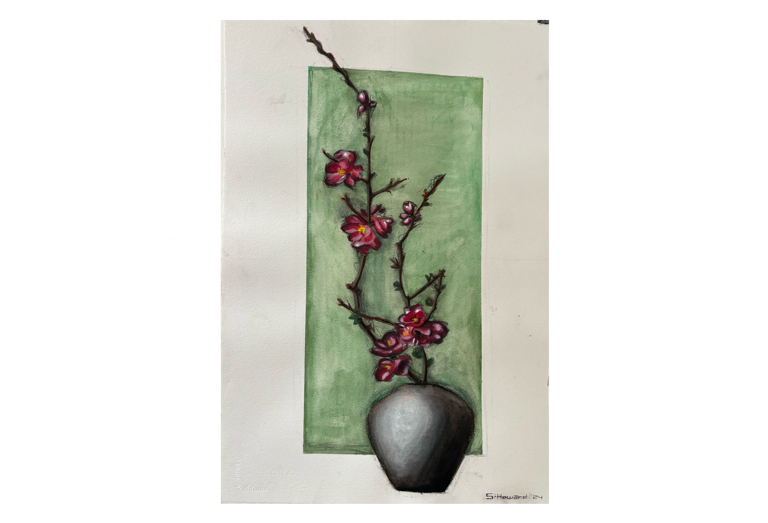 Watercolor painting of a dark gray vase with pink blossoms and branches against a green rectangular background.