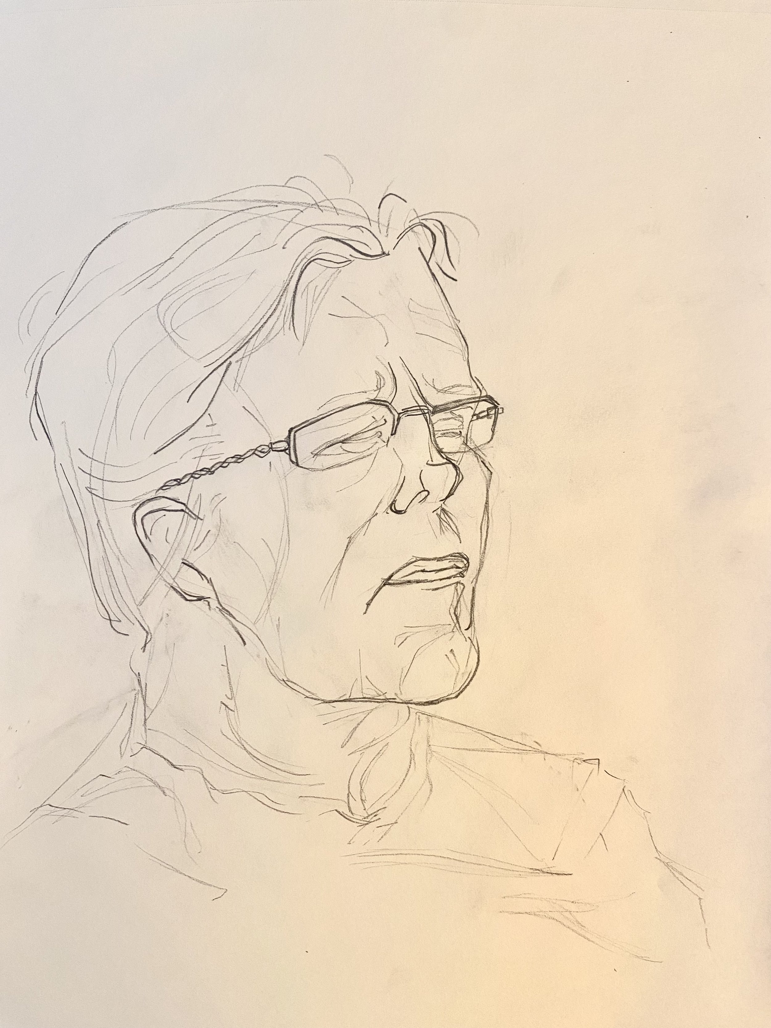 Line drawing of an elderly woman wearing glasses with a serious or concerned expression.